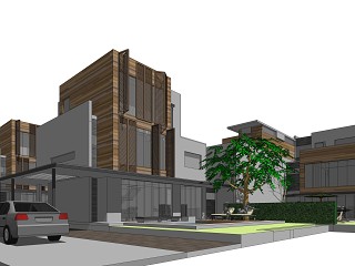 现代风格双拼加独栋建筑 街道 室外 广场 街景