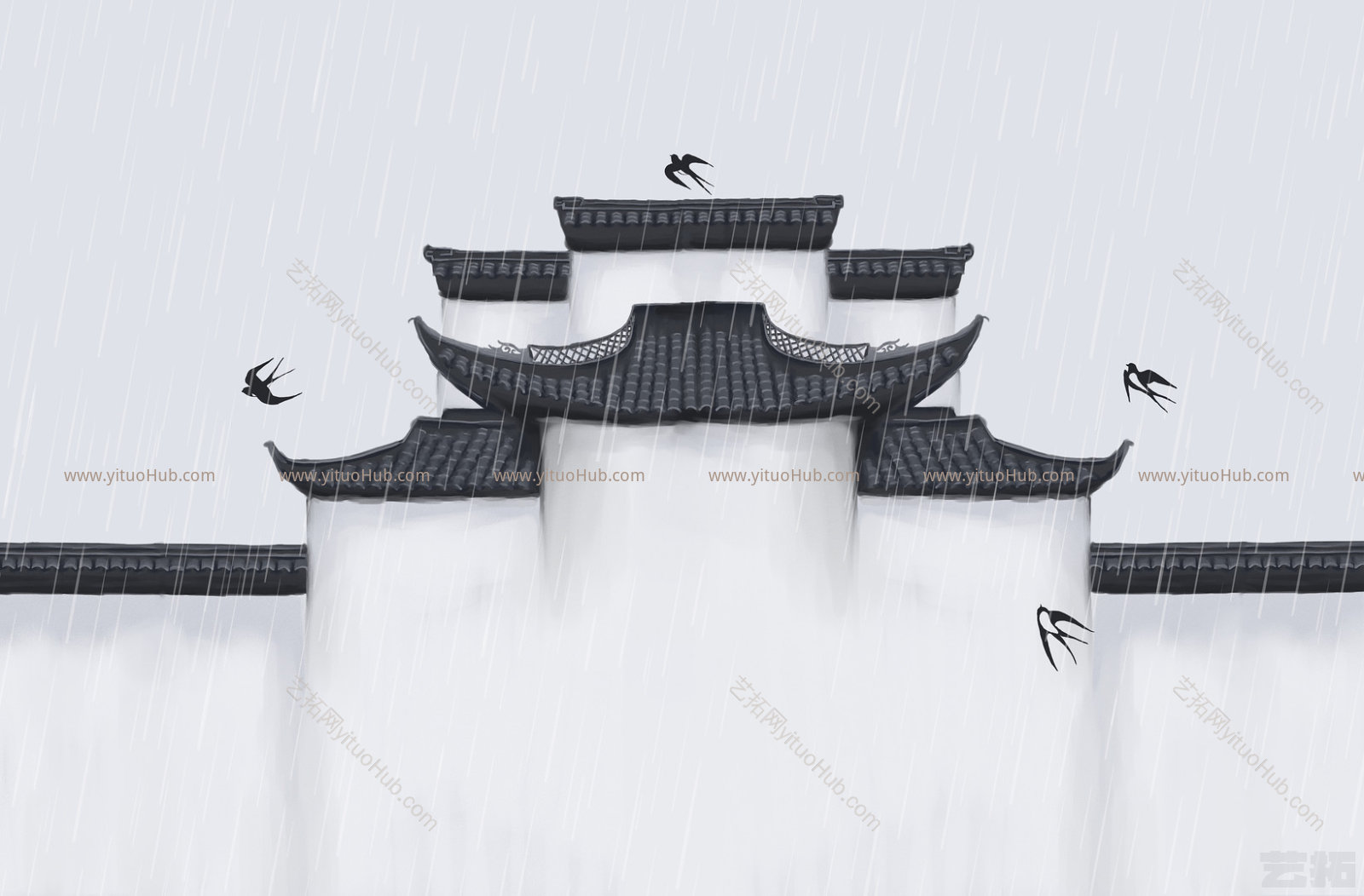 传统建筑墙檐屋檐插画背景