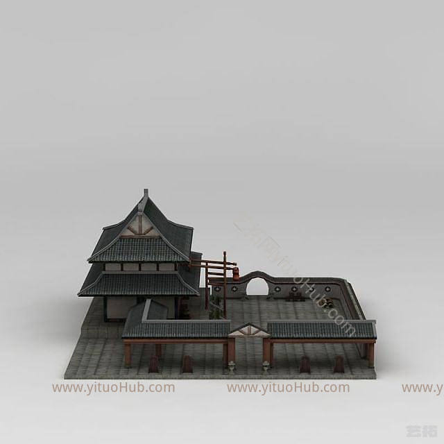 现代古代阁楼庭院模型