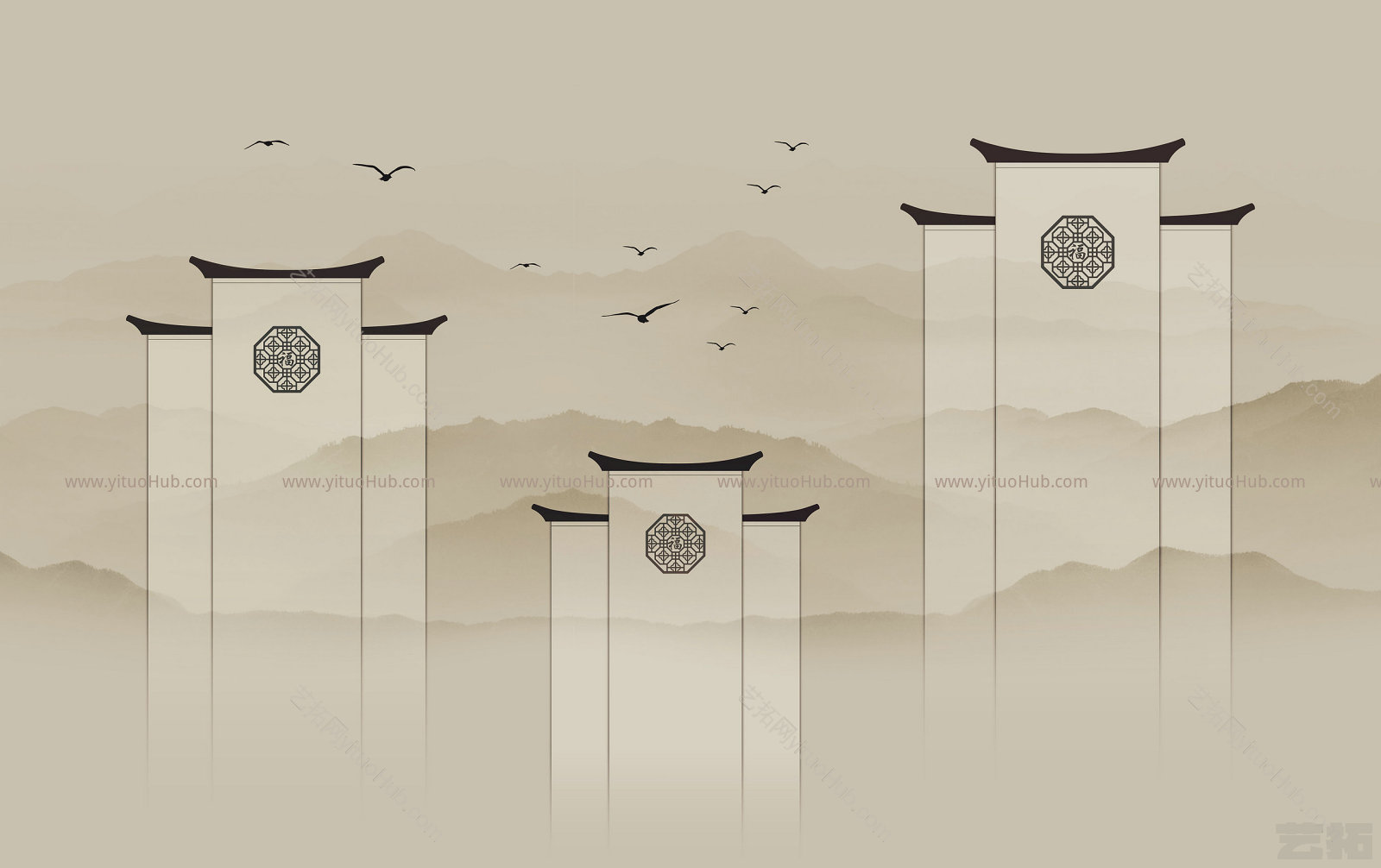 新中式水墨山水壁画