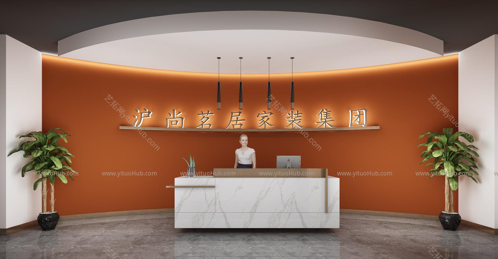 现代大厅 吊灯 前台 绿植