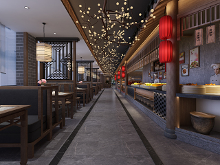 新中式明档 餐厅 半透明纱帘 树枝灯 红灯笼