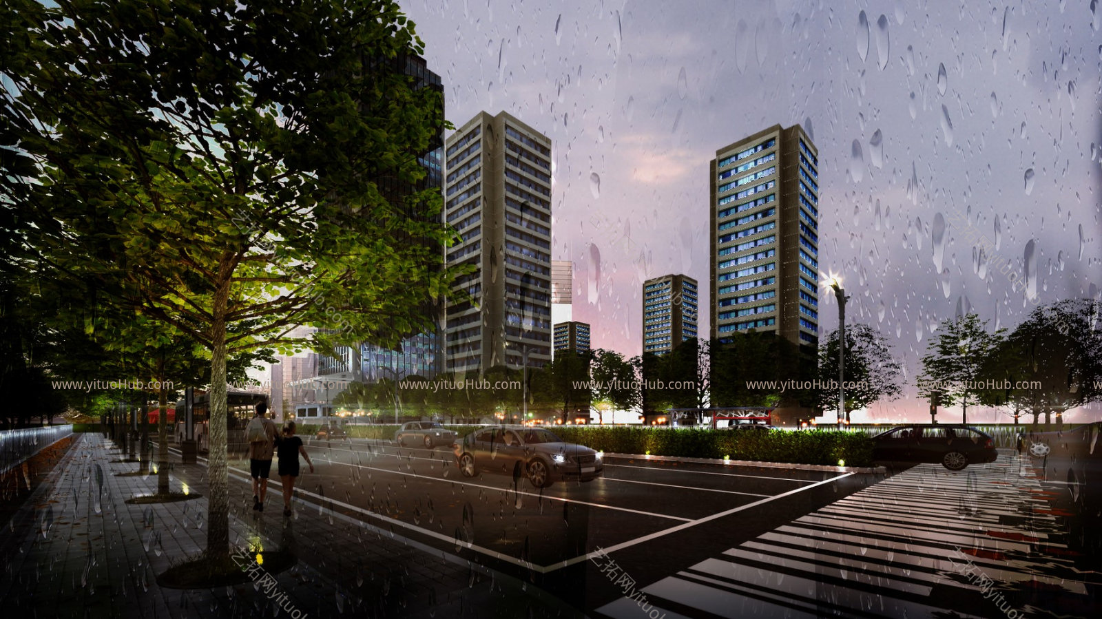 道路夜景雨景景观效果图亮化想过图