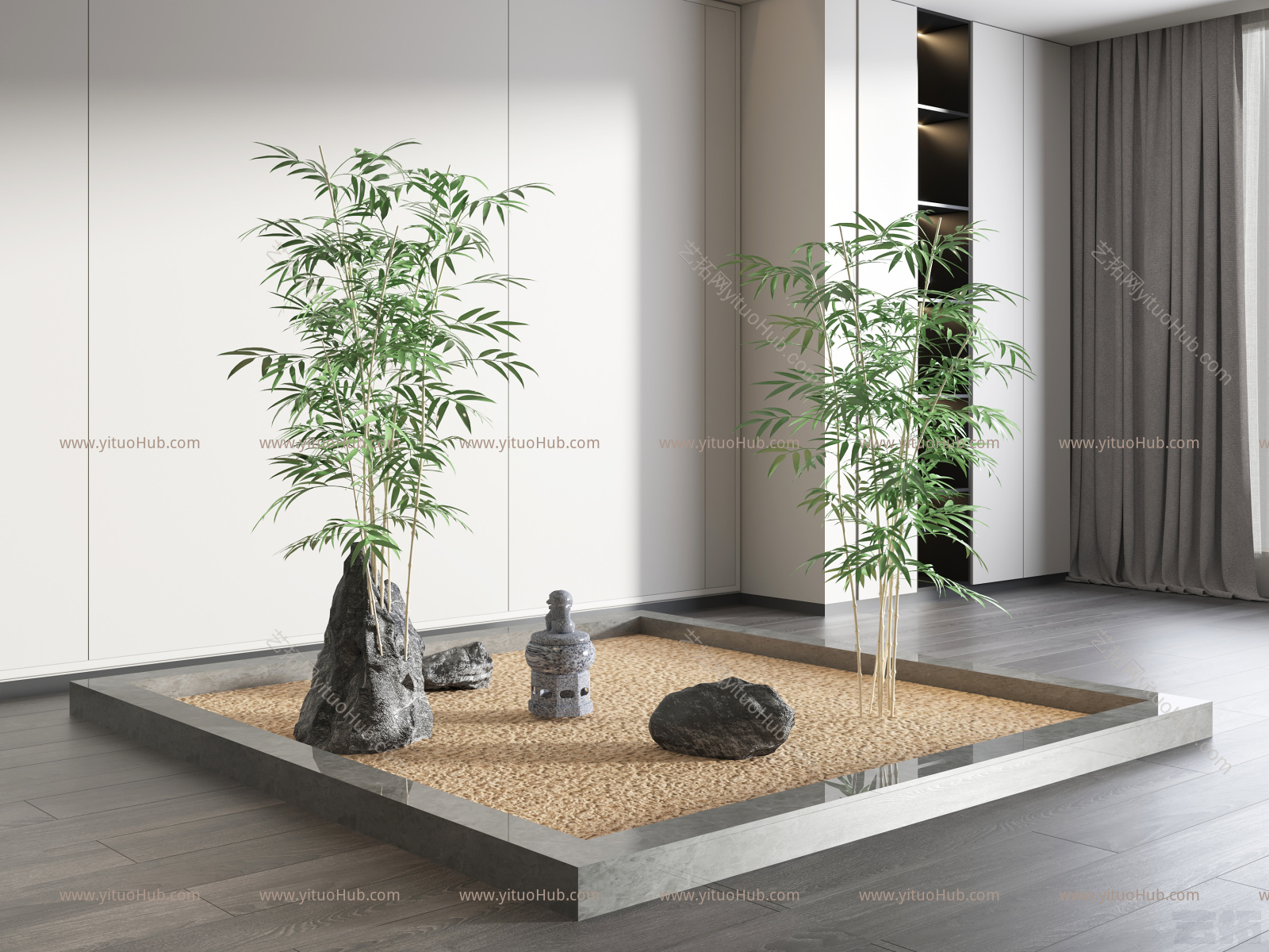 现代中式景观小品，现代中式竹子石头沙子人工造景