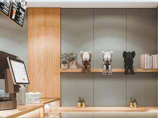 现代奶茶店 门头 奶茶 椅子 收银台 饰品