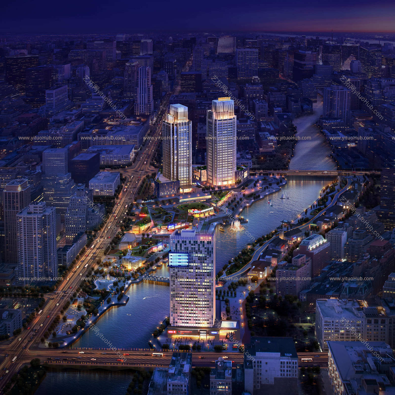 商业中心建筑夜景鸟瞰效果图
