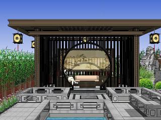 庭院 凉亭 抱鼓石 花格 景墙 假山 地雕 回纹 门楼室外