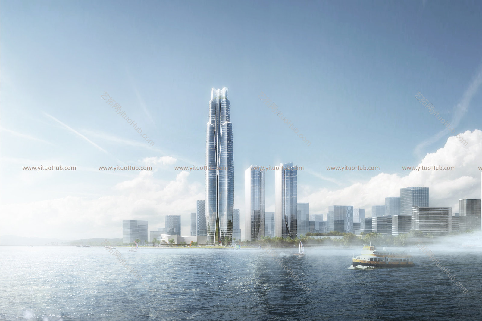 傍晚高楼建筑外观效果图