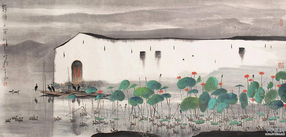 新中式水墨荷花荷叶背景屏风画壁纸壁布背景画 工笔画(105)