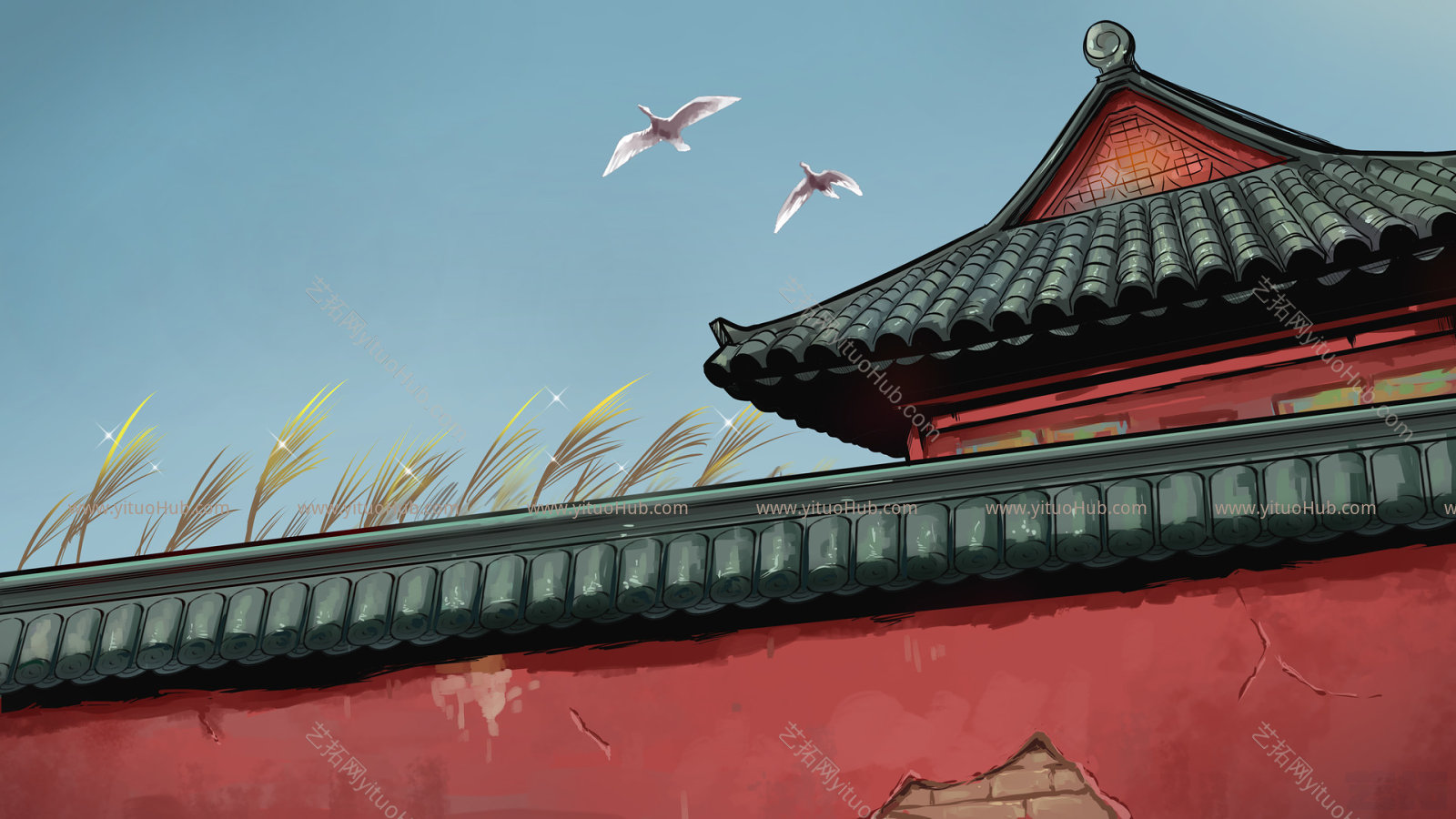 传统建筑墙檐屋檐插画背景