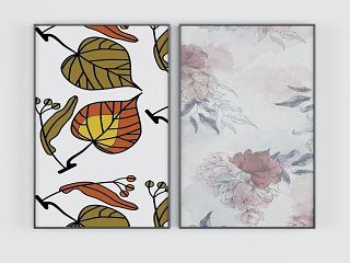 现代油彩树叶挂画模型