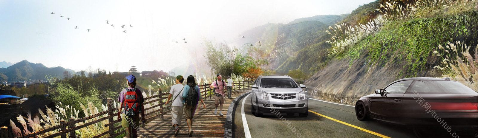 道路栈道攀爬植物改造景观效果图
