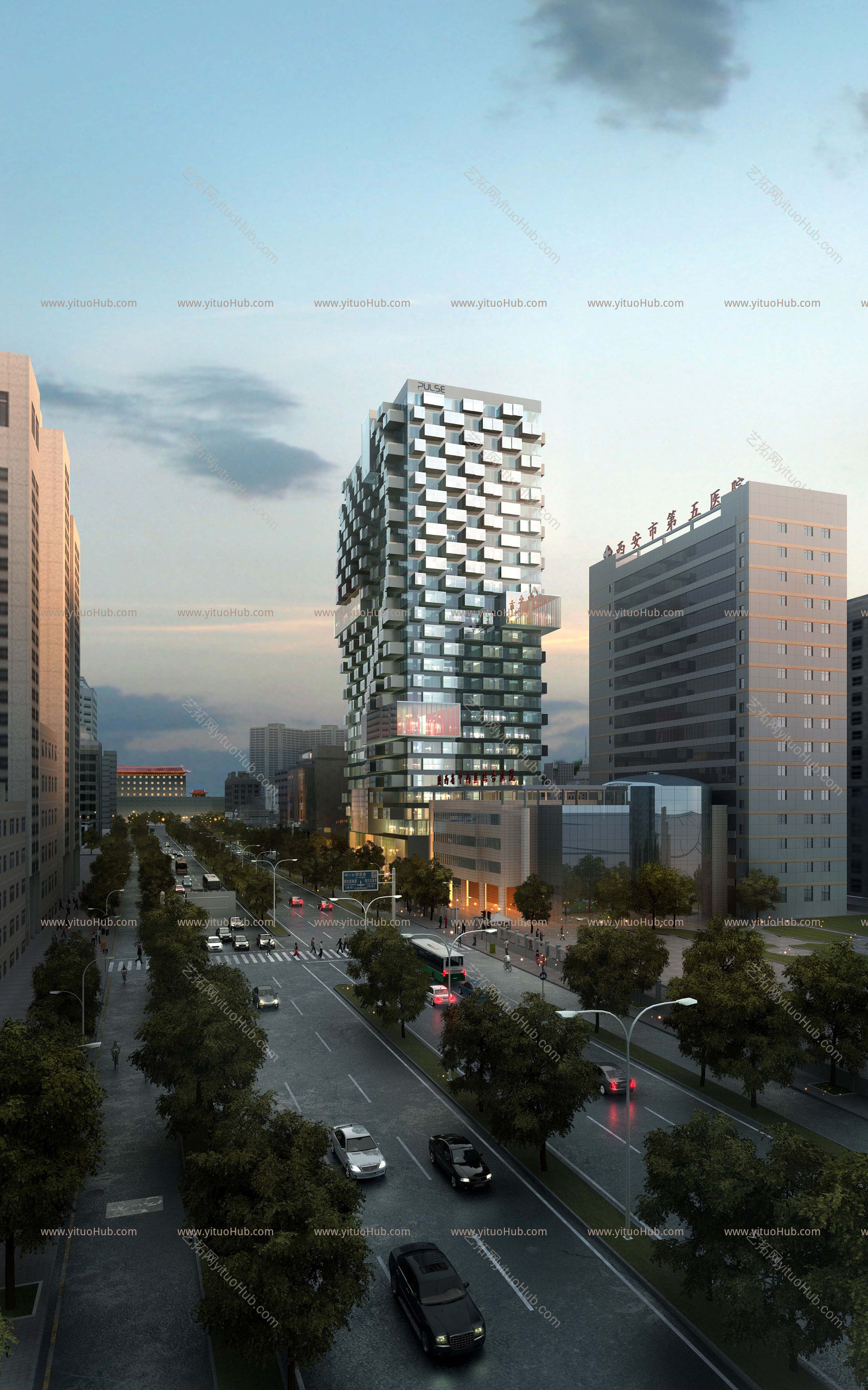 商业街建筑晚景效果图