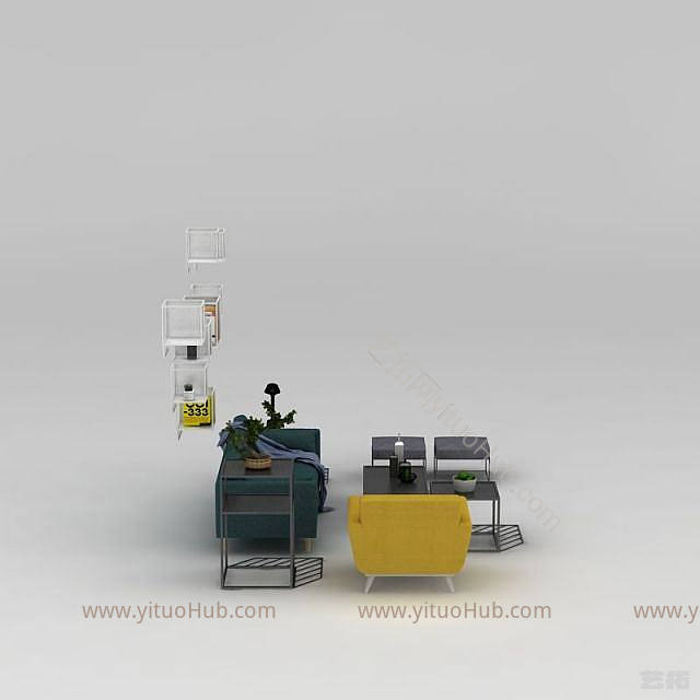 北欧沙发茶几墙壁置物架组合模型
