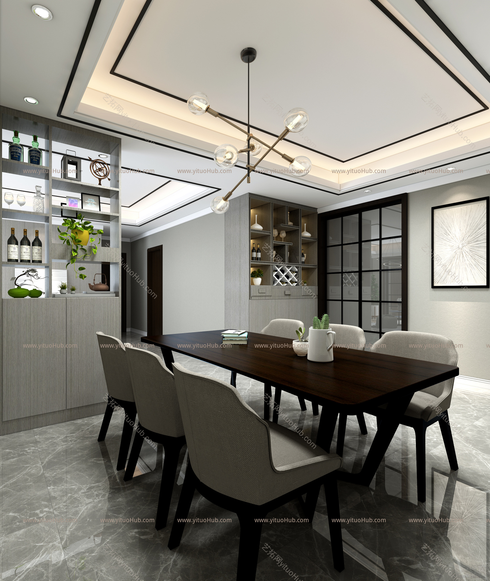现代 餐厅 灯 餐桌 移门 挂画 酒柜