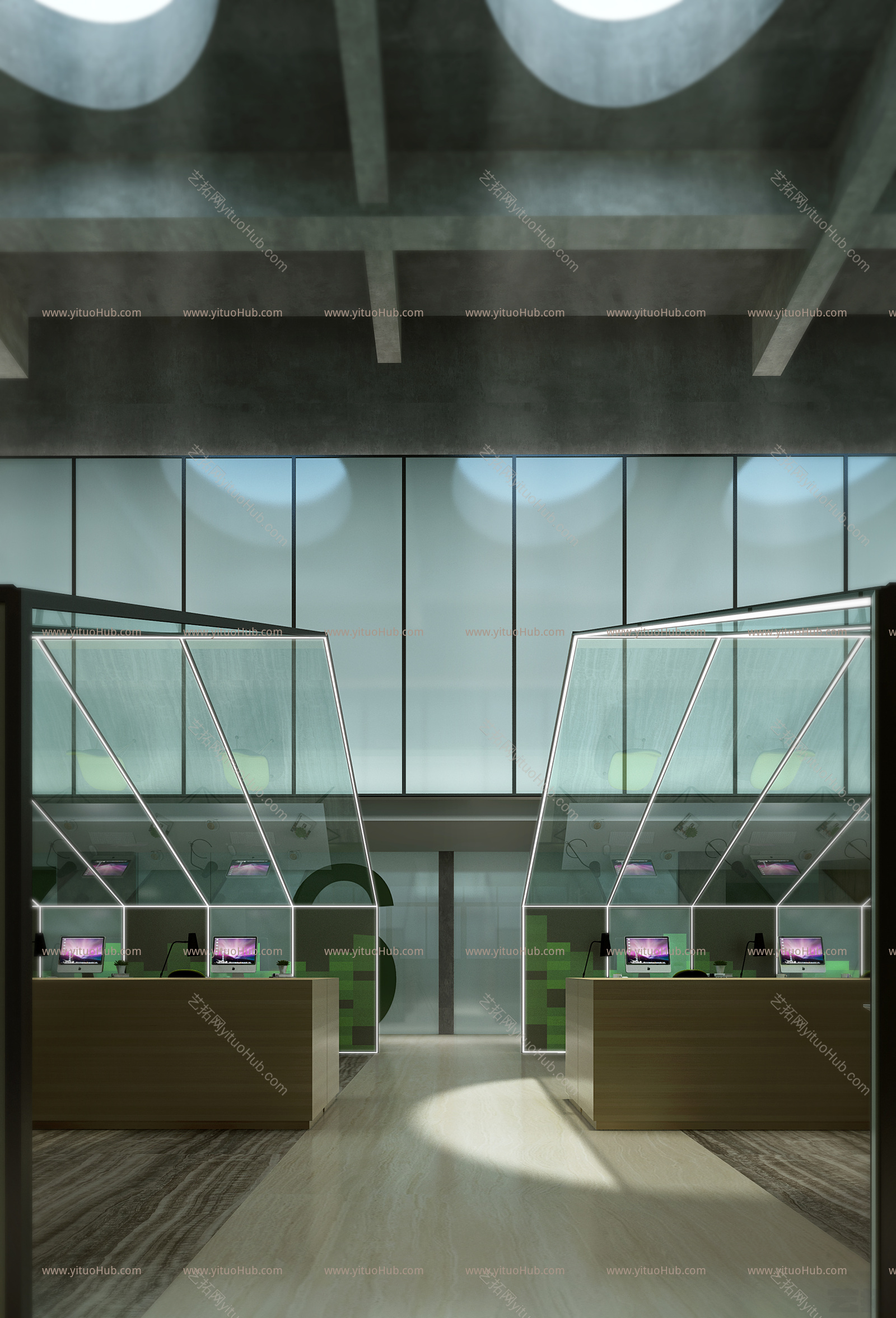 现代敞开办公走廊 绿植 创意凳子