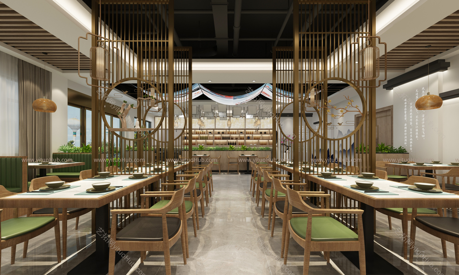 新中式自助餐厅 吊灯 操作台