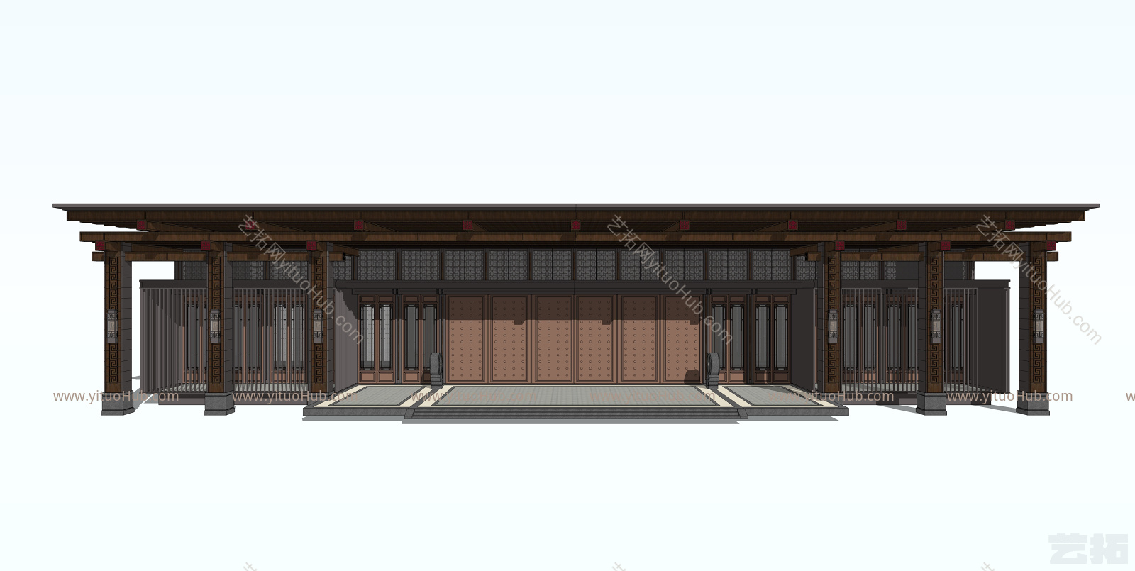 新中式住宅小区别墅入口大门建筑小品模型