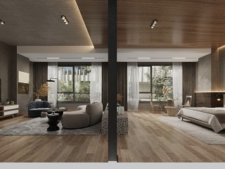 现代卧室 双人床 床头柜 吊灯 挂画 电视柜