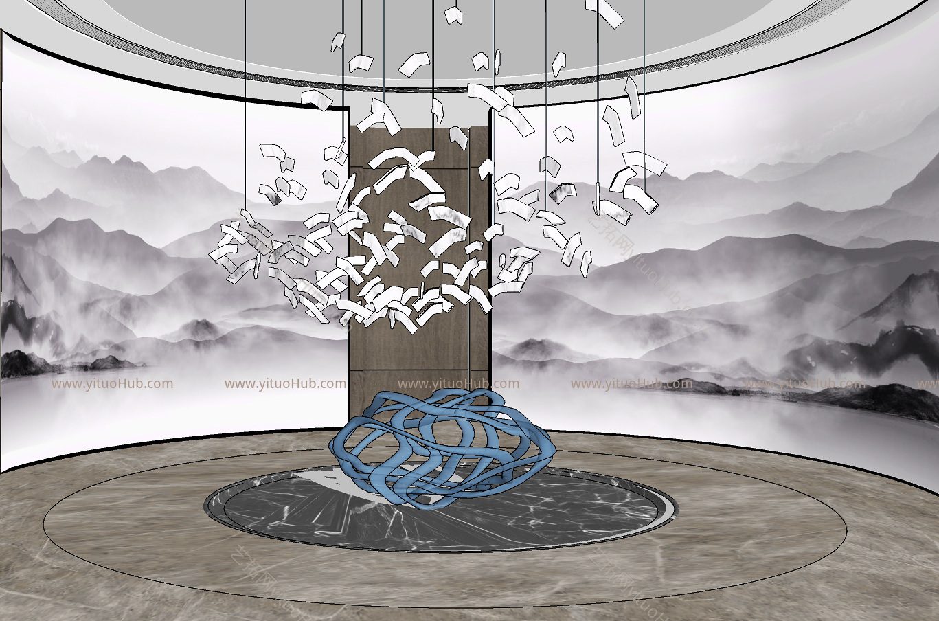 新中式艺术装置雕塑，水景，吊灯