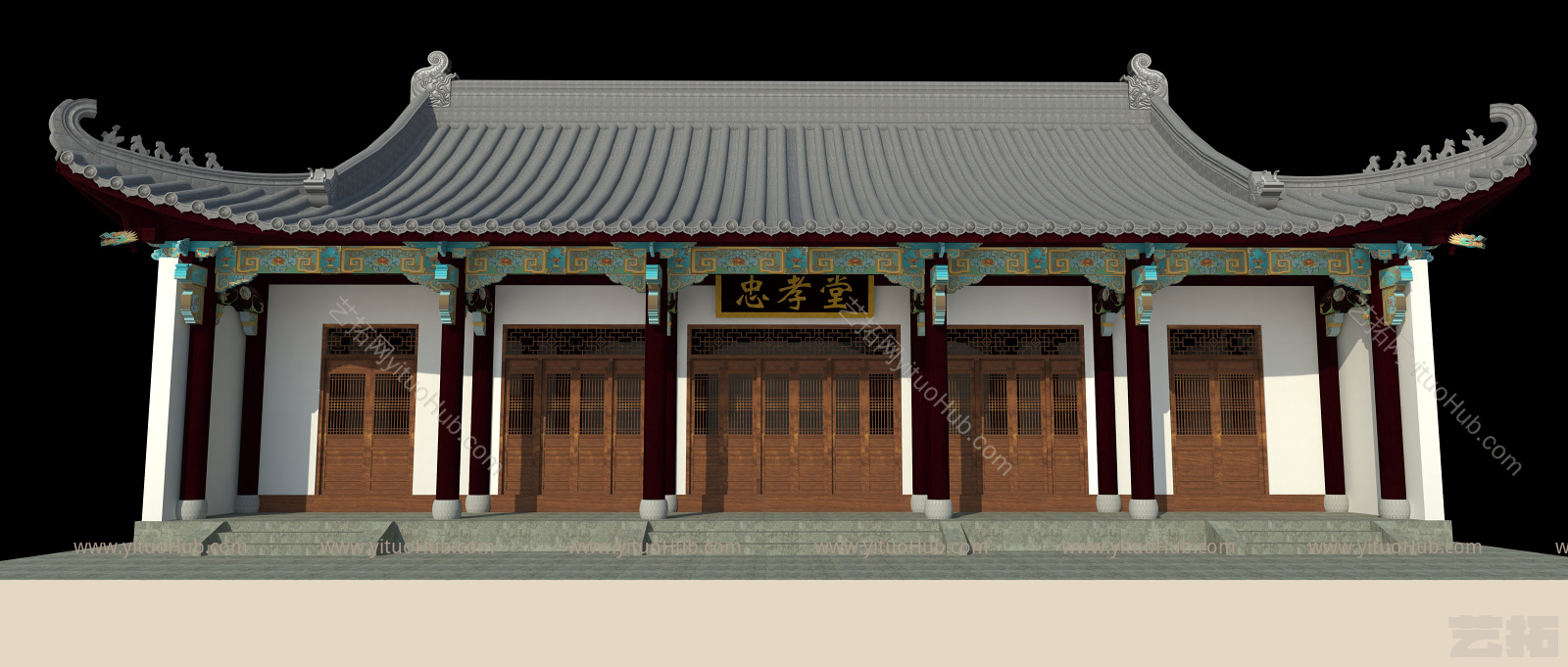 中式古建筑-祠堂-歇山顶-四面坡