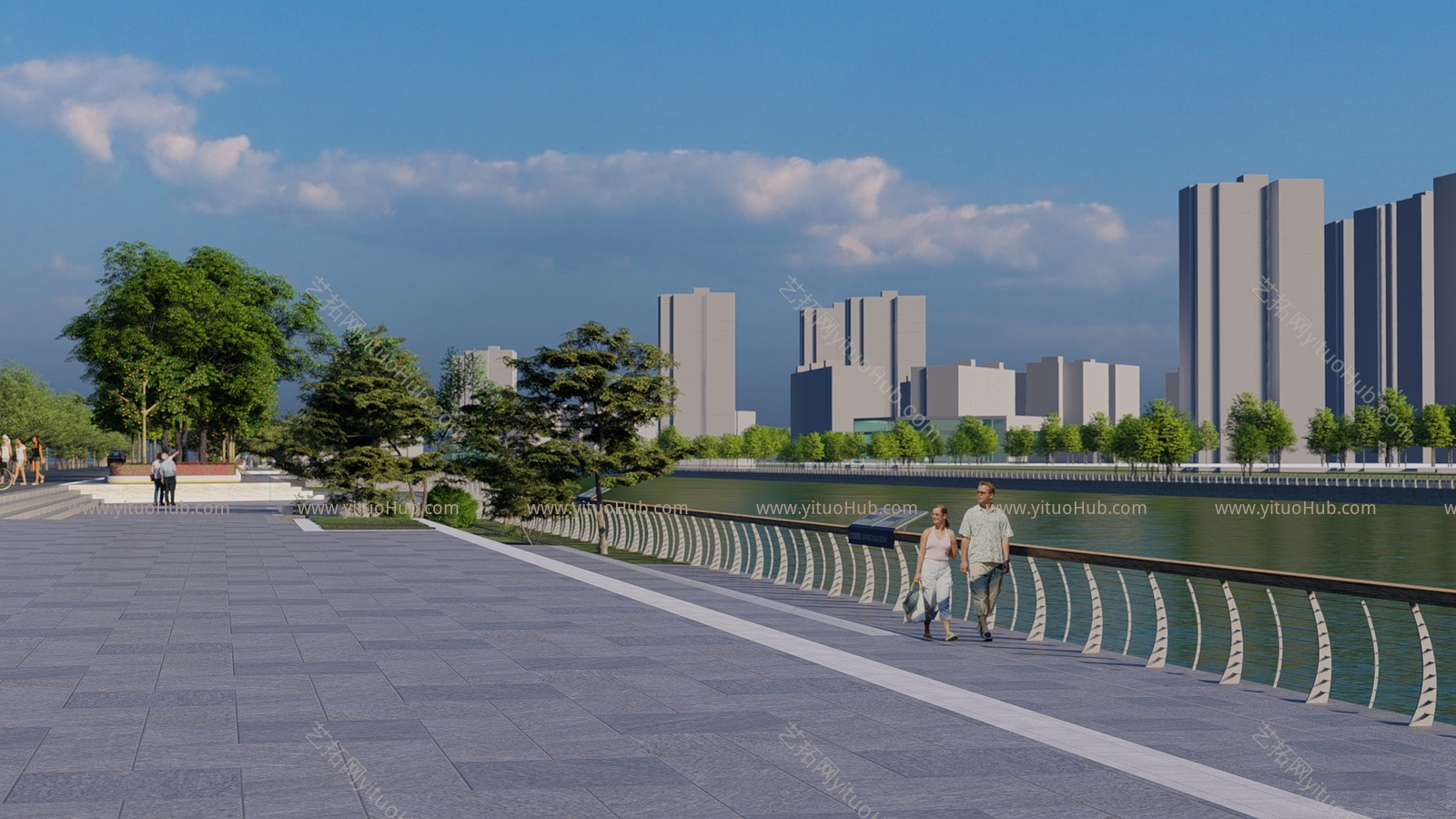 现代硬质驳岸河道效果图