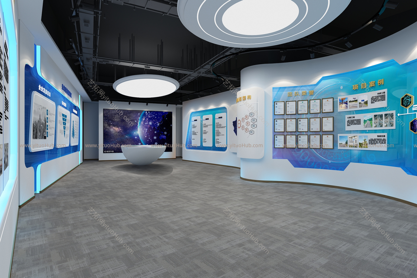 现代展厅 吊灯 展柜