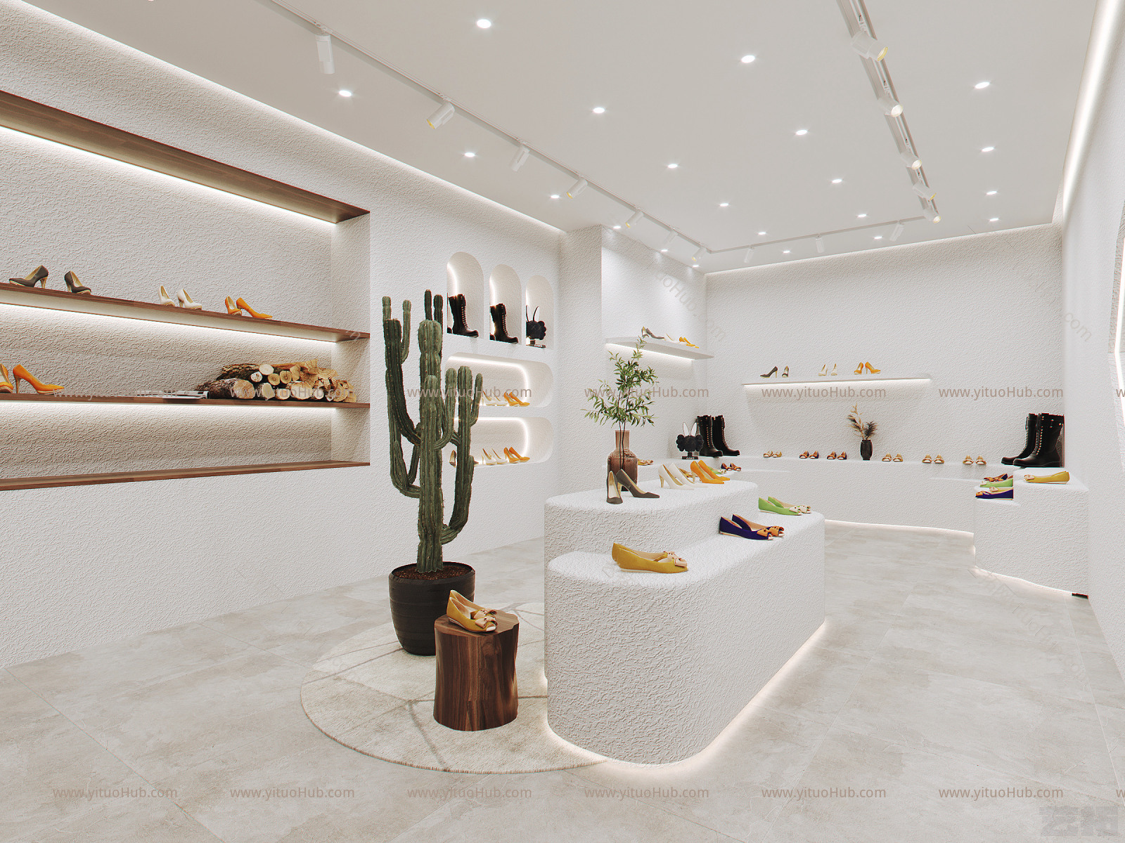 现代服饰鞋店 前台 中岛展台 布艺沙发 仙人掌