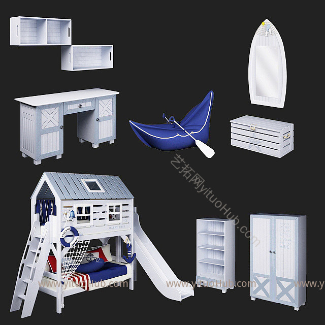 现代精品儿童卧室家具四件套模型