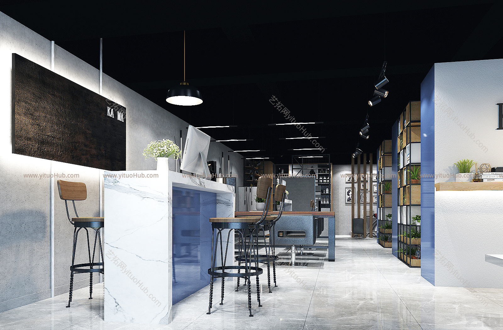 理发店，美发店，洗发店，服务台，吧台，储物柜隔断，理发台
