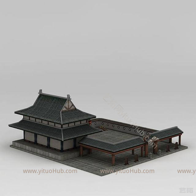 现代古代阁楼庭院模型