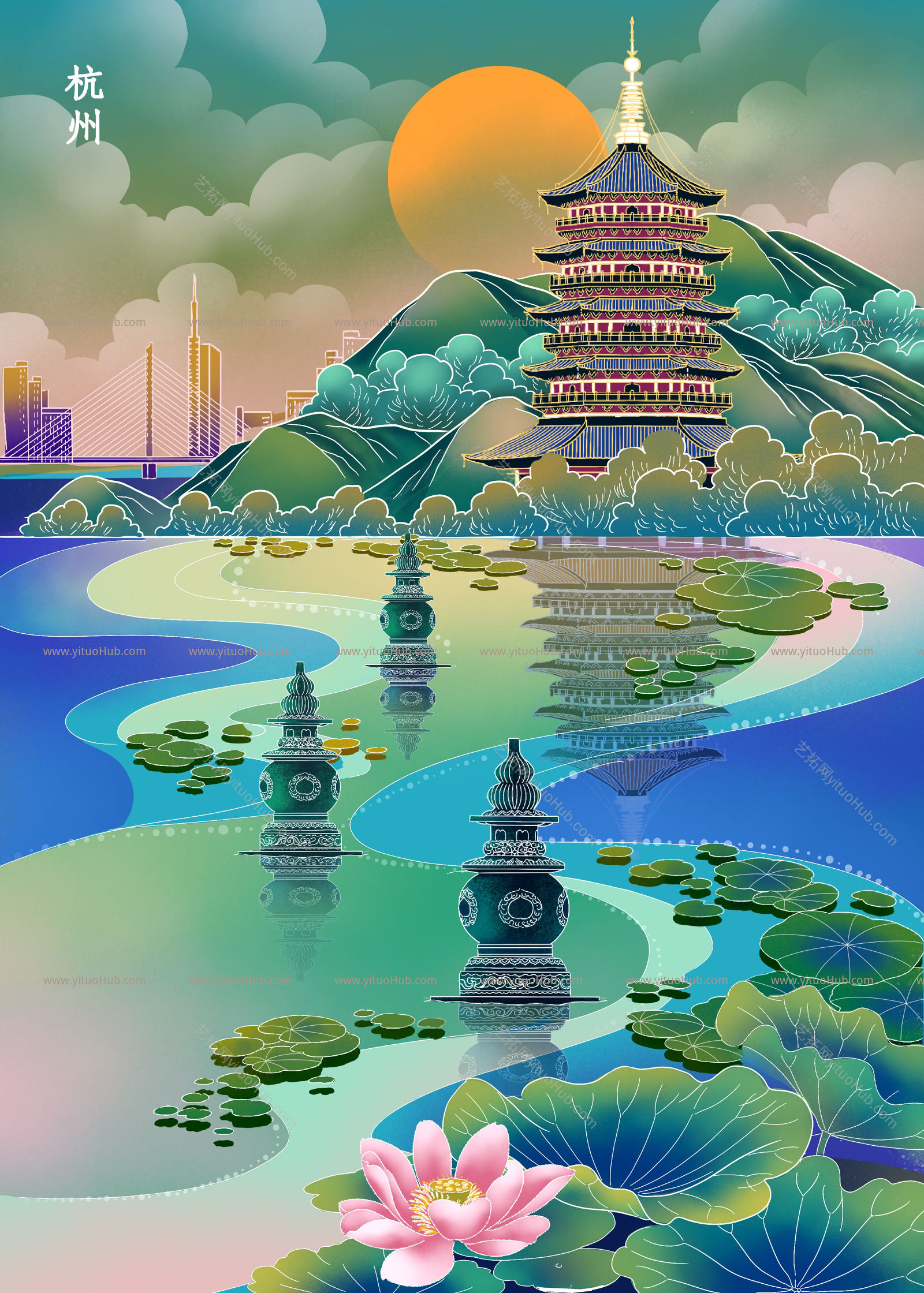 国潮风城市地标建筑插画