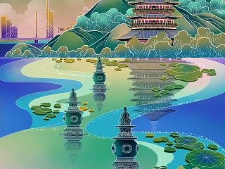 国潮风城市地标建筑插画