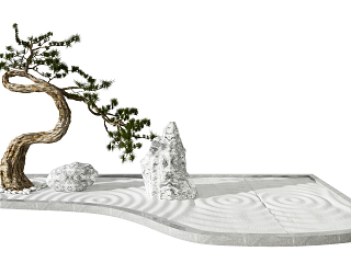 新中式景观小品，人工造景，松树石头沙子景观