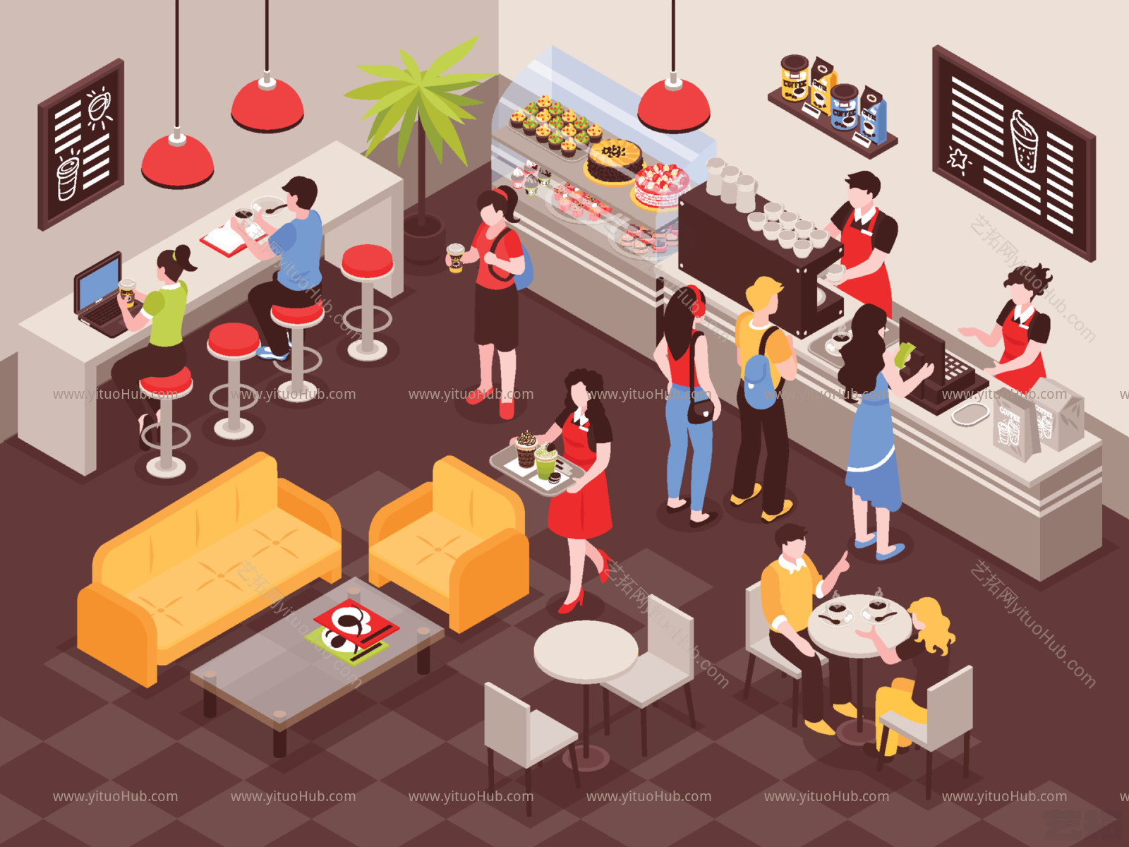 餐厅店内场景鸟瞰插画