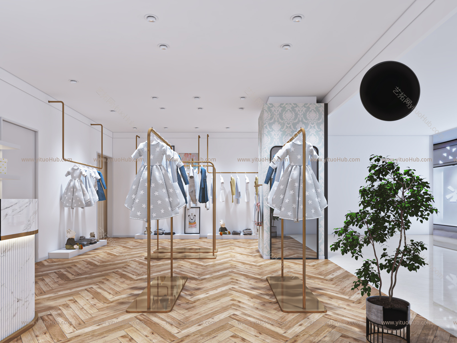 现代儿童服装店 衣服 前台 绿植 模特