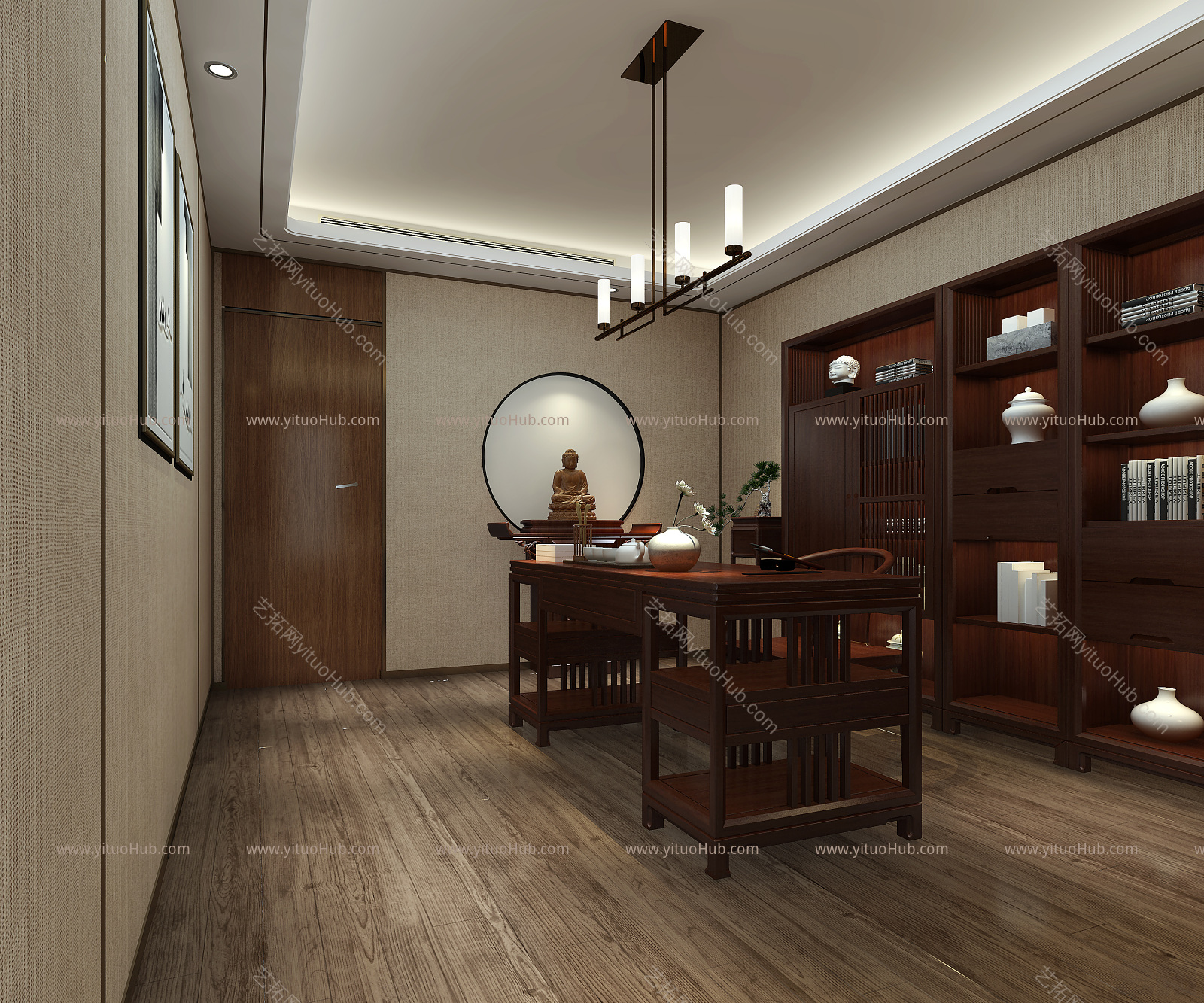 新中式书房 书架 红木家具 飘窗 佛龛 落地灯 盆景