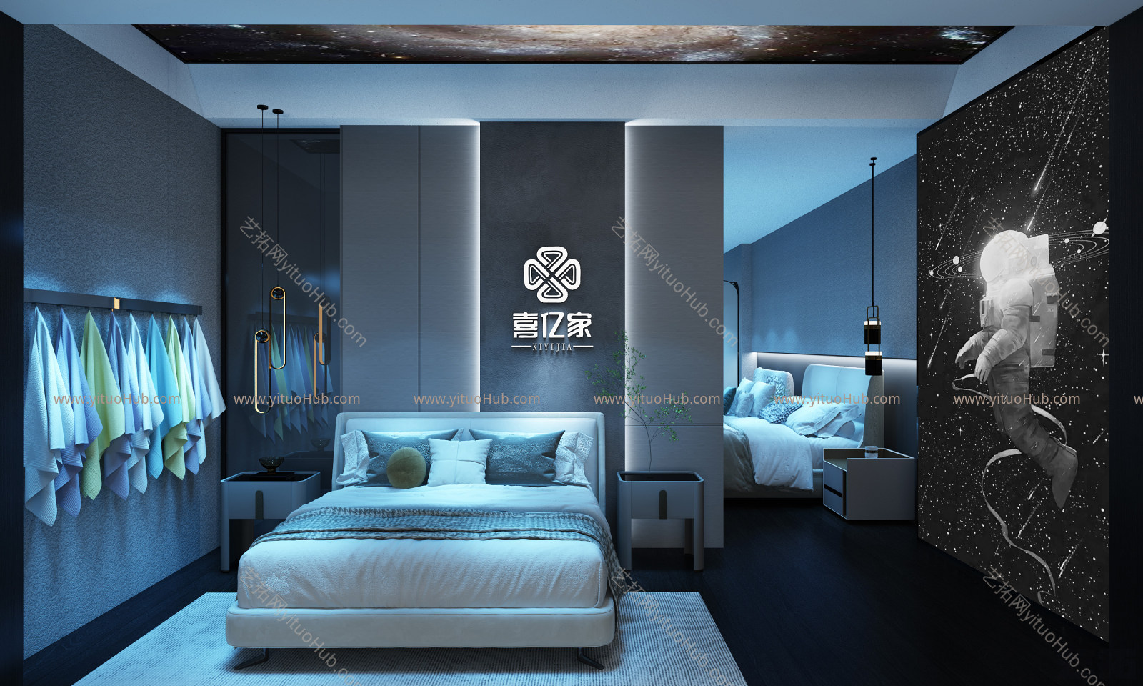 现代家具展厅 吊灯 床