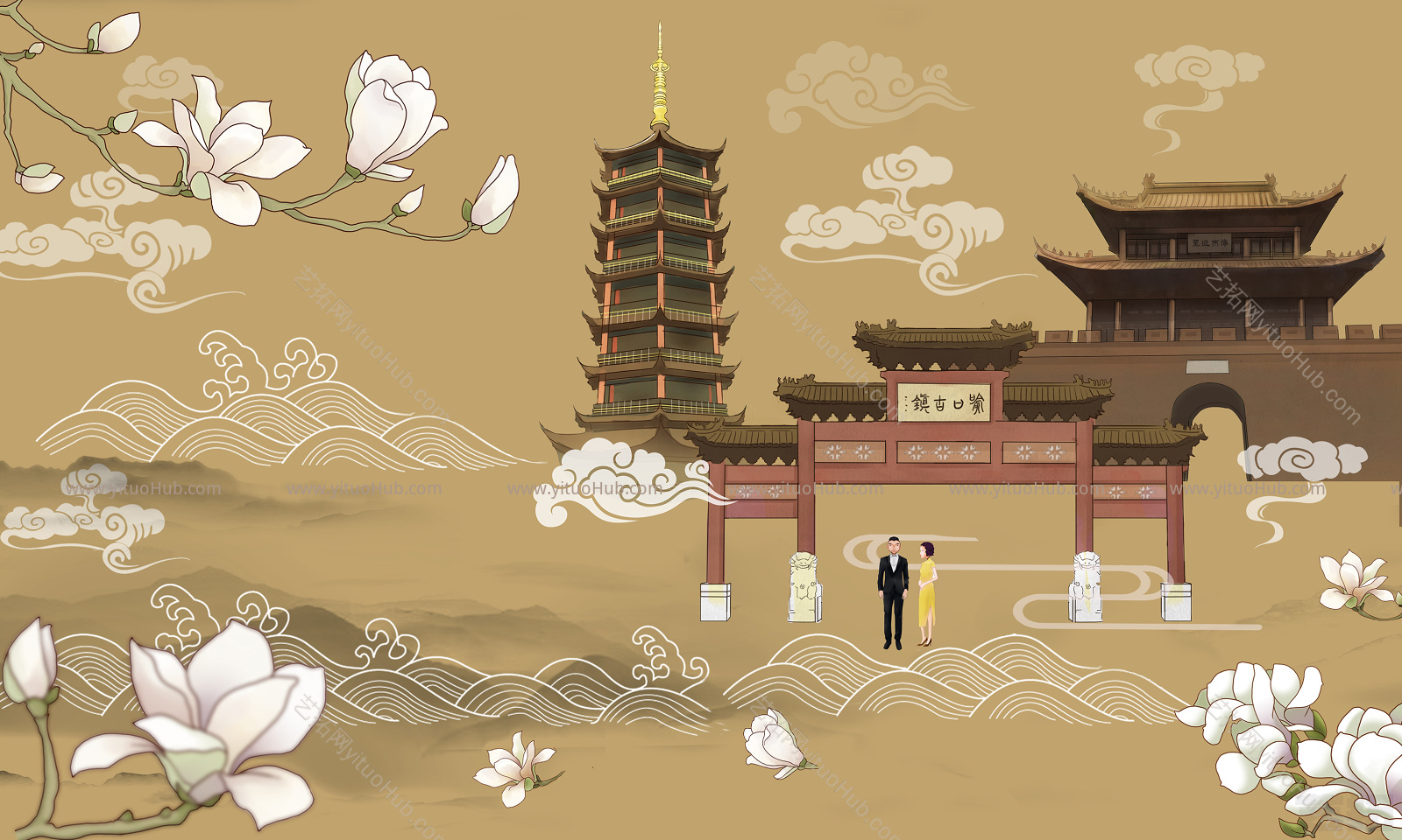 新中式背景壁画贴图