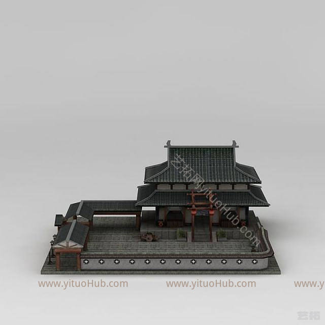 现代古代阁楼庭院模型