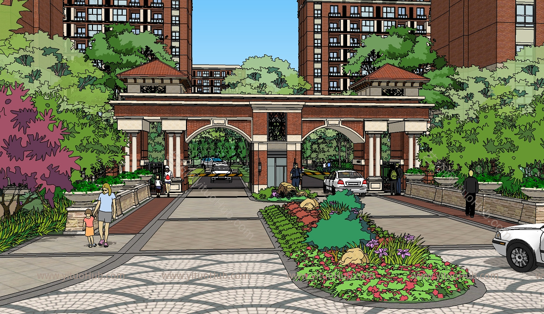 小区入口大门模型庭院 室外 瓦屋顶 建筑 街景