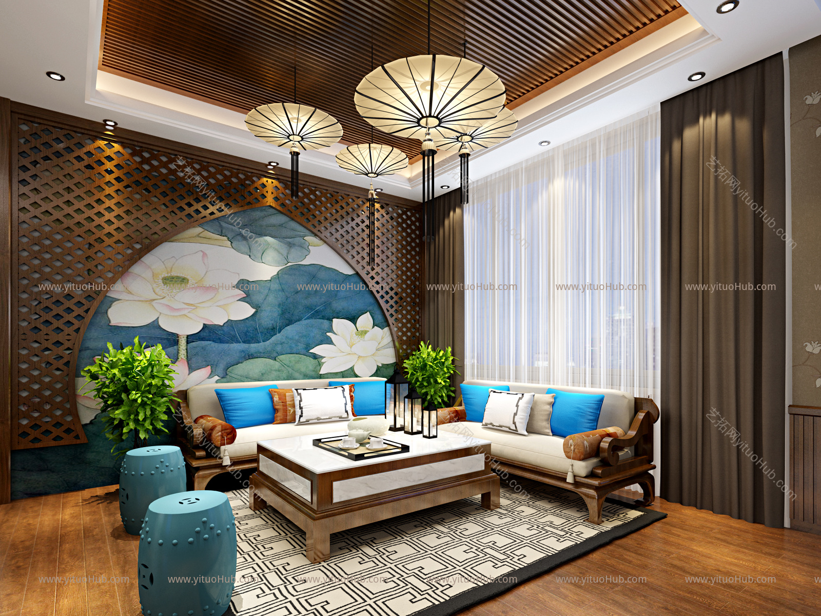 新中式美容院大厅 背景 沙发 吊灯 吧台 展示柜