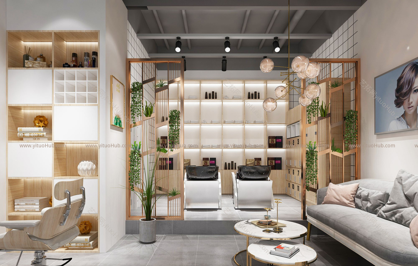 现代理发店 前台 美发店 按摩椅 洗头椅 沙发 剪发椅