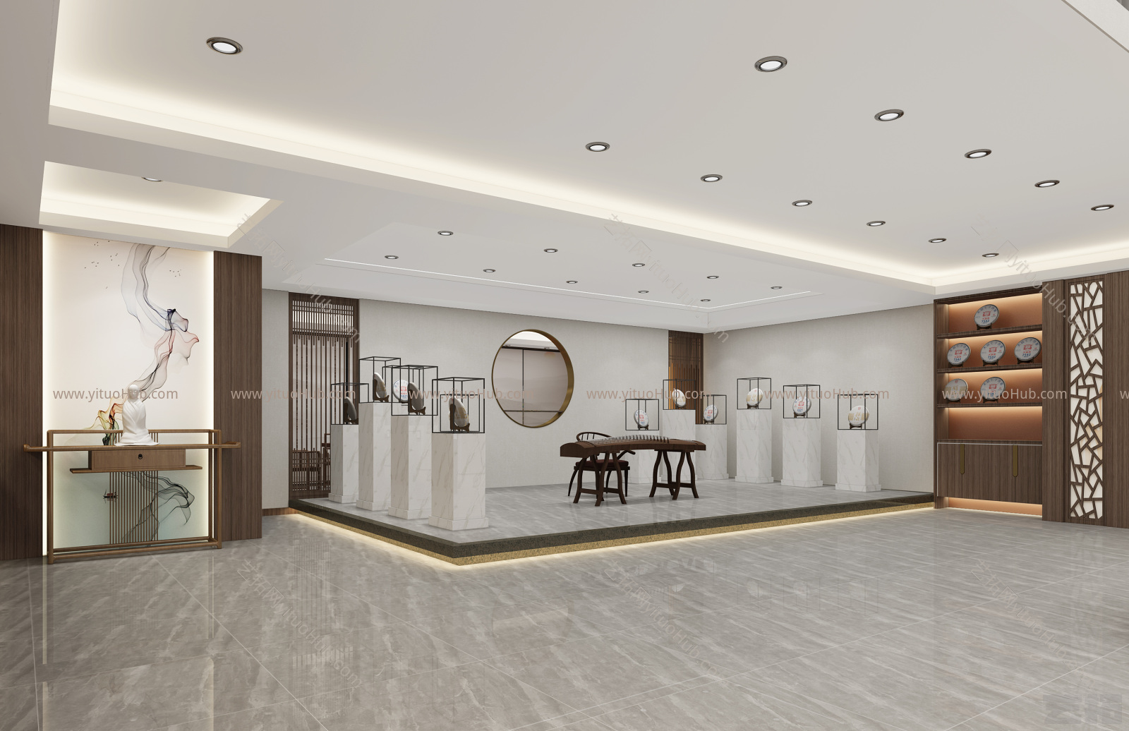 新中式茶叶店 大益茶专卖店 茶桌 茶台 摆件 门头 茶叶 古琴