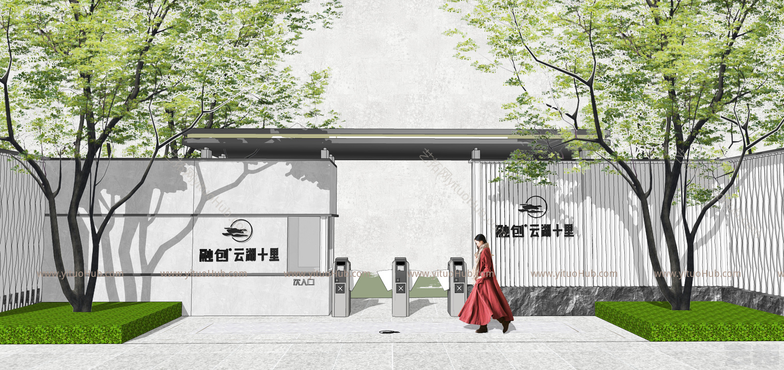 现代风格住宅小区大门门头 人行入口大门 道闸闸机岗亭