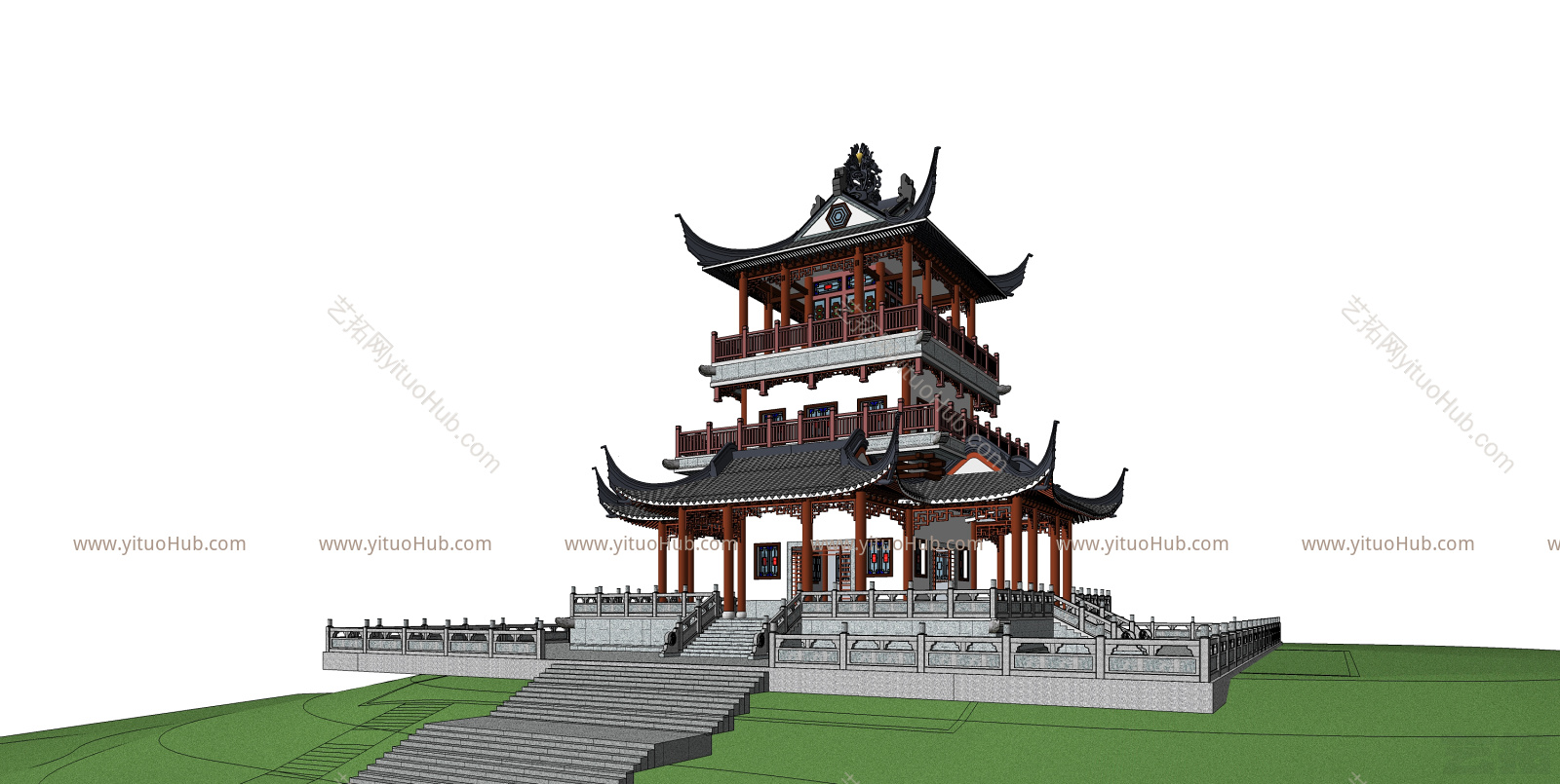 中式塔楼建筑草图模型城堡 钟楼 塔 建筑 马车