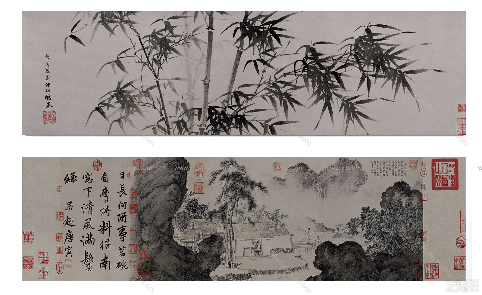 中式传世名画 竹子山石风景长卷挂画