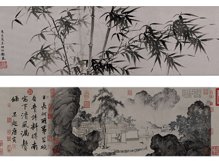 中式传世名画 竹子山石风景长卷挂画