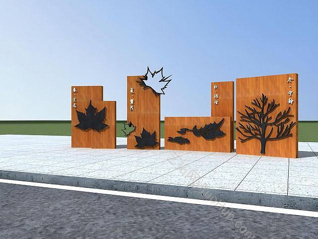 现代公园枫叶景墙模型