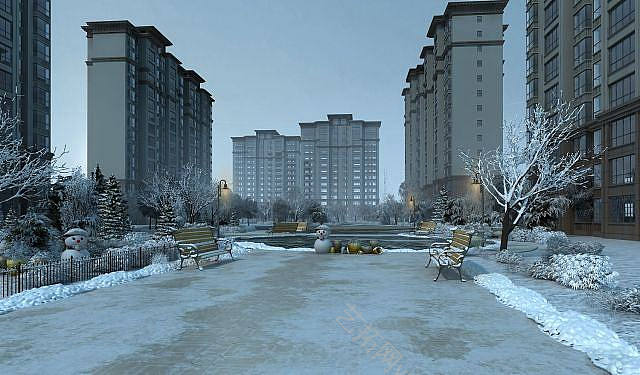 现代小区雪景透视模型